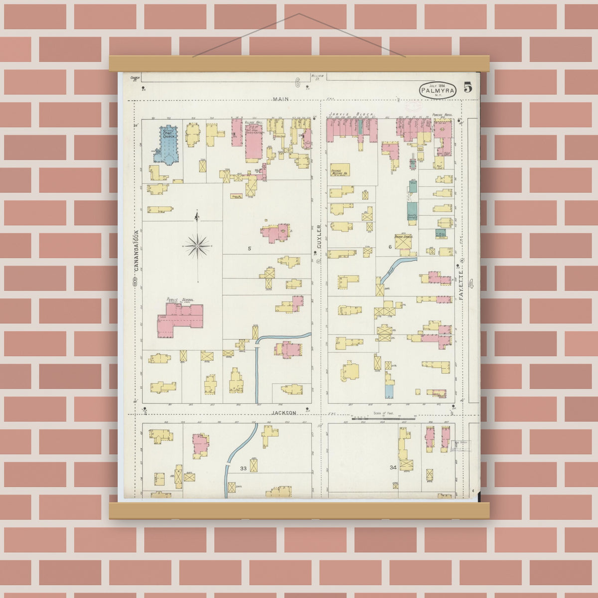 Old map wall art mockup — magnetic wood frame on brick wall — Sanborn Fire Insurance Map from Palmyra, Wayne County, New York (1894), Sheet #0005