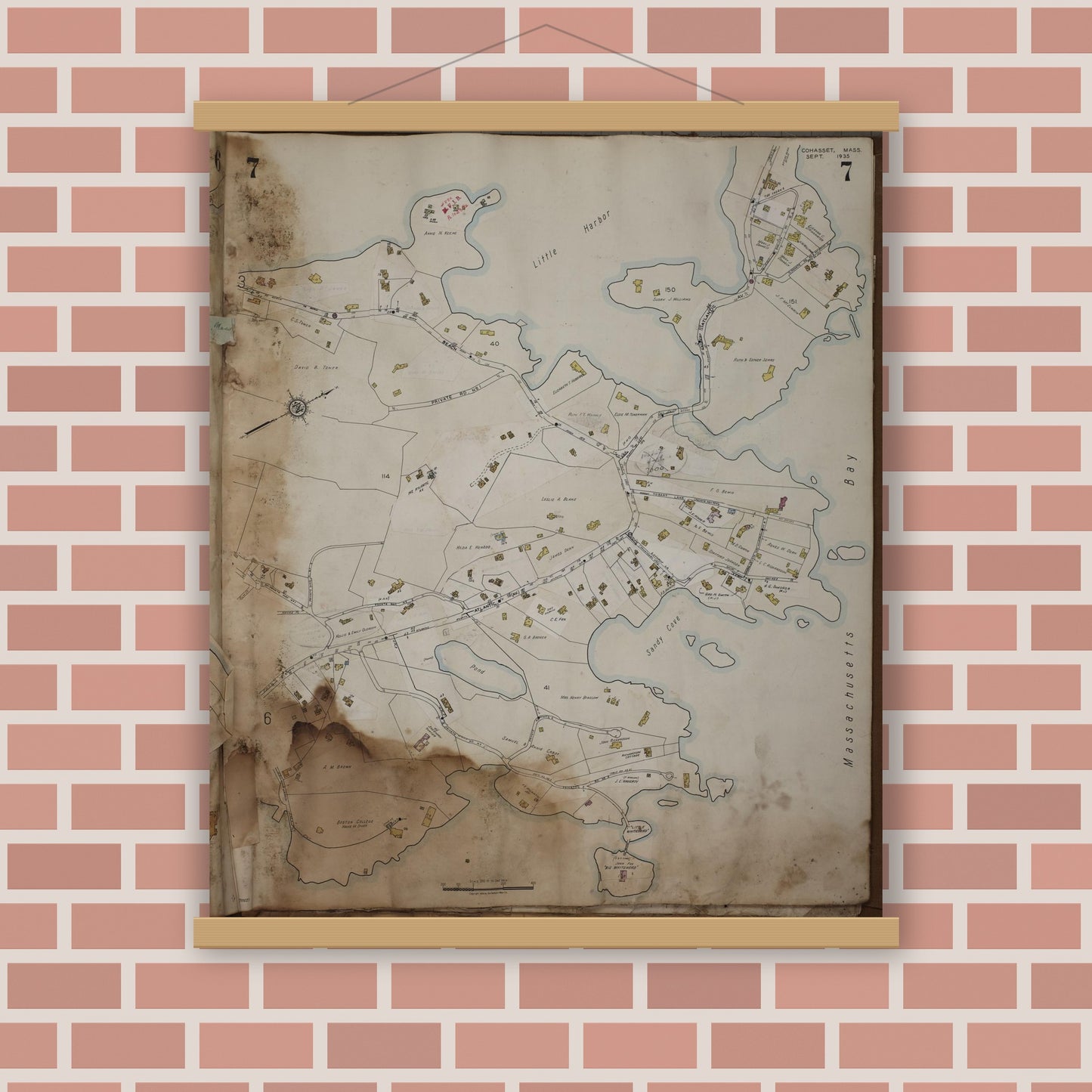Old map wall art mockup — magnetic wood frame on brick wall — Sanborn Fire Insurance Map from Cohasset, Norfolk County, Massachusetts (1963), Sheet #0007