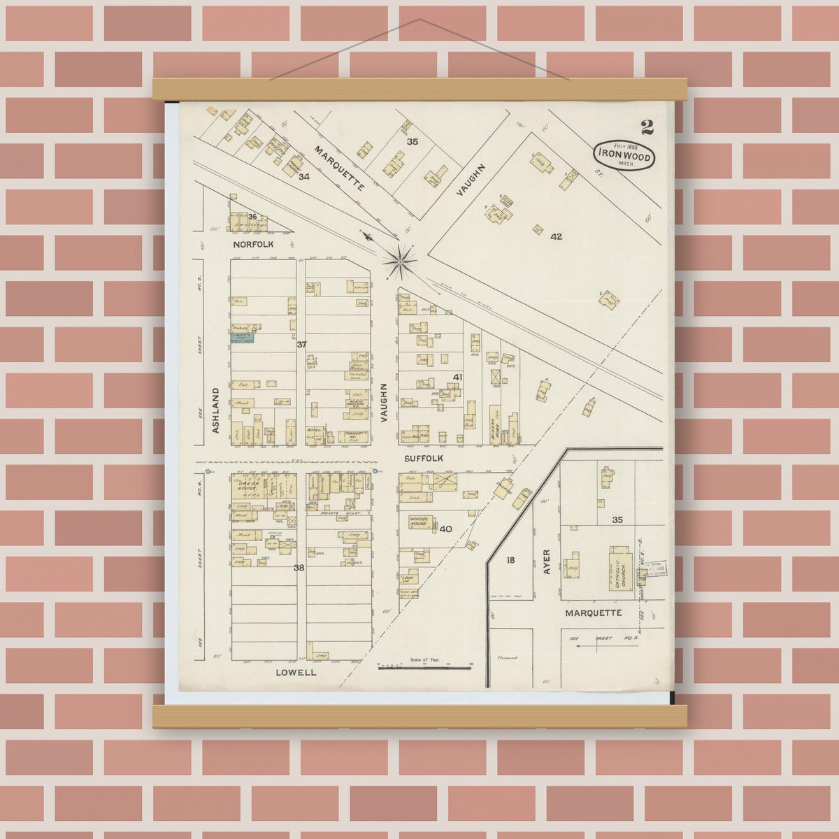 Old map wall art mockup — magnetic wood frame on brick wall — Sanborn Fire Insurance Map from Ironwood, Gogebic County, Michigan (1888), Sheet #0002
