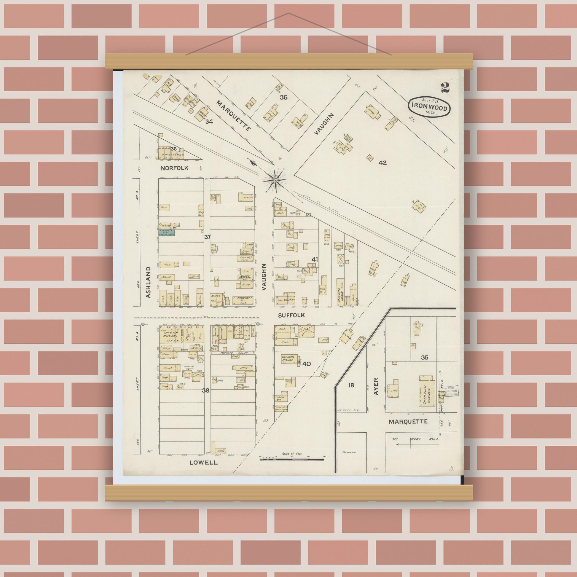 Old map wall art mockup — magnetic wood frame on brick wall — Sanborn Fire Insurance Map from Ironwood, Gogebic County, Michigan (1888), Sheet #0002