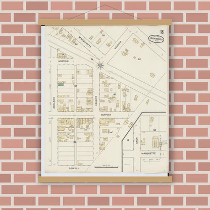 Old map wall art mockup — magnetic wood frame on brick wall — Sanborn Fire Insurance Map from Ironwood, Gogebic County, Michigan (1888), Sheet #0002