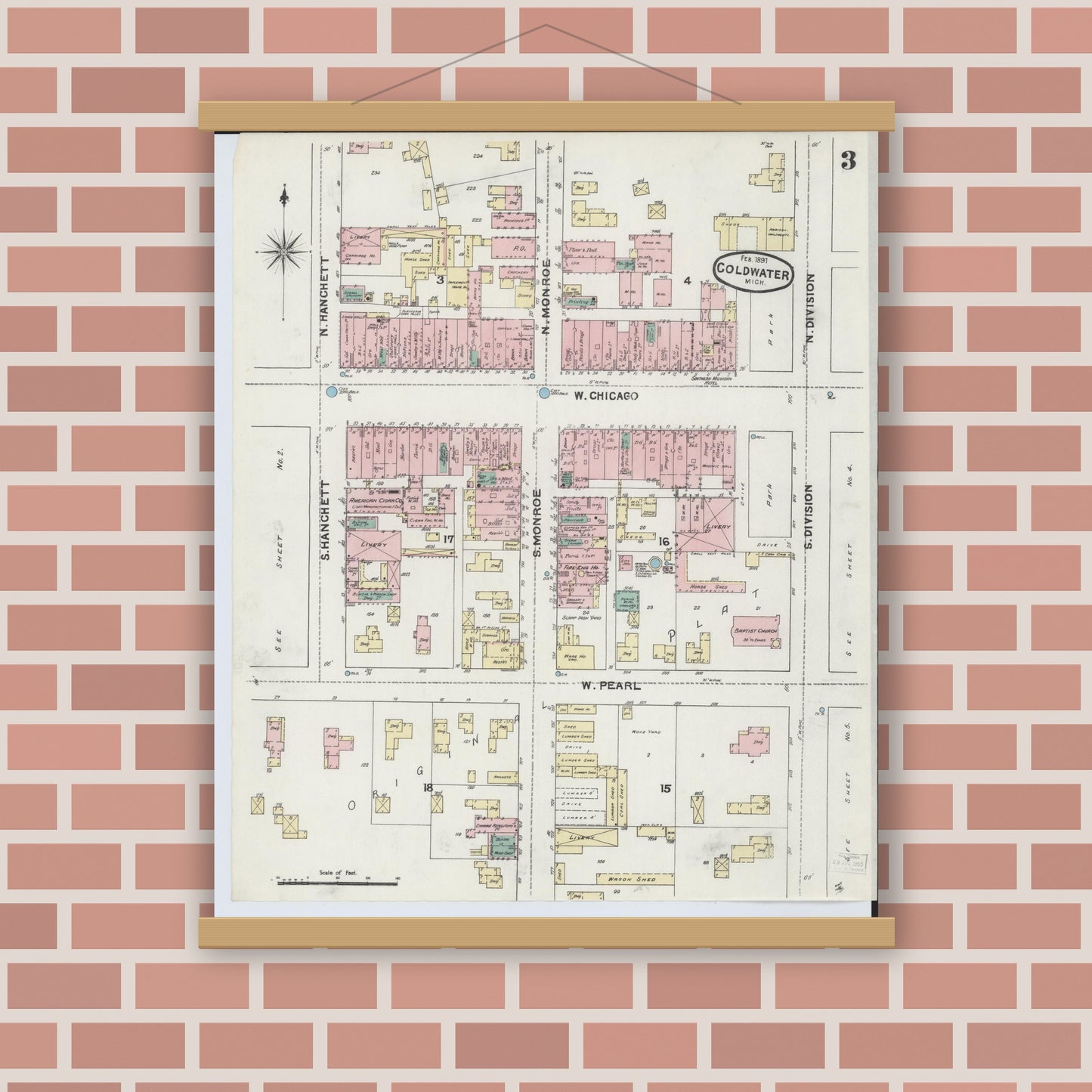 Old map wall art mockup — magnetic wood frame on brick wall — Sanborn Fire Insurance Map from Coldwater, Branch County, Michigan (1891), Sheet #0003