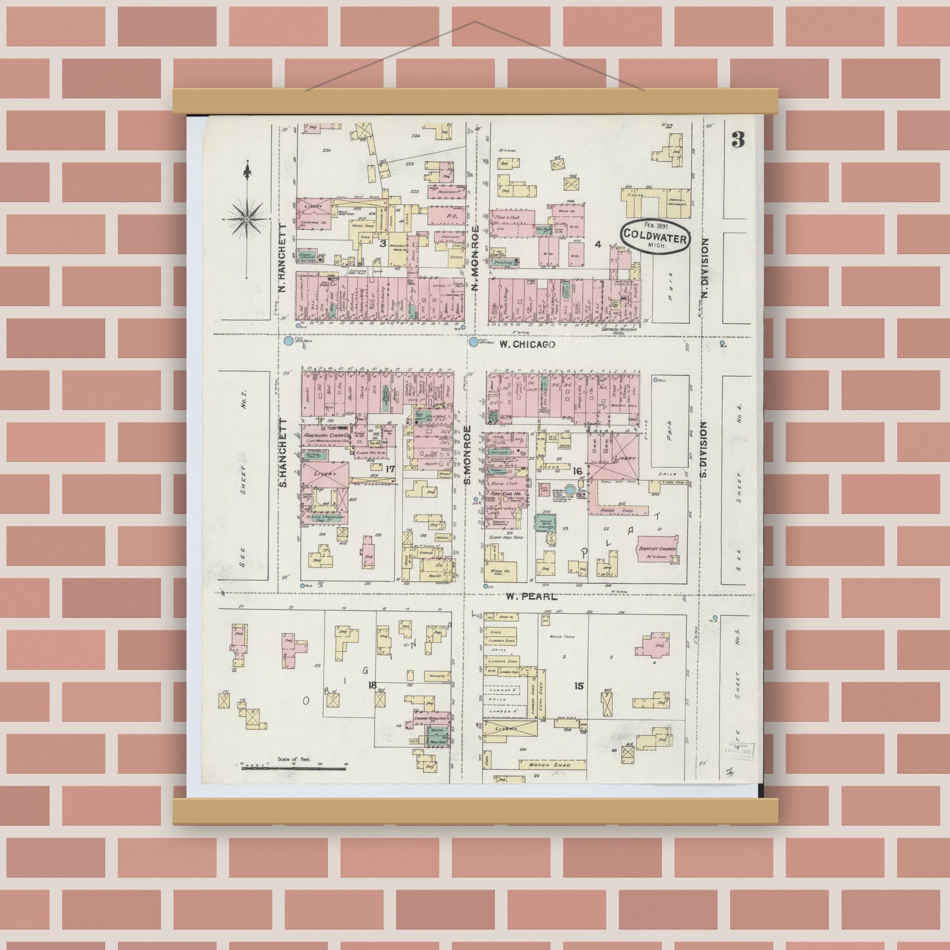 Old map wall art mockup — magnetic wood frame on brick wall — Sanborn Fire Insurance Map from Coldwater, Branch County, Michigan (1891), Sheet #0003