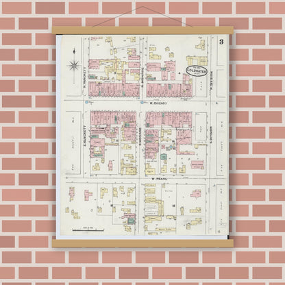 Old map wall art mockup — magnetic wood frame on brick wall — Sanborn Fire Insurance Map from Coldwater, Branch County, Michigan (1891), Sheet #0003