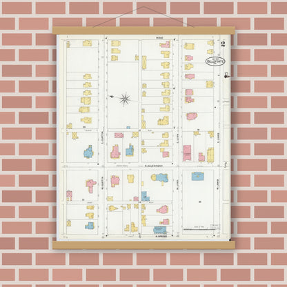 Old map wall art mockup — magnetic wood frame on brick wall — Sanborn Fire Insurance Map from Bellefonte, Centre County, Pennsylvania (1904), Sheet #0002