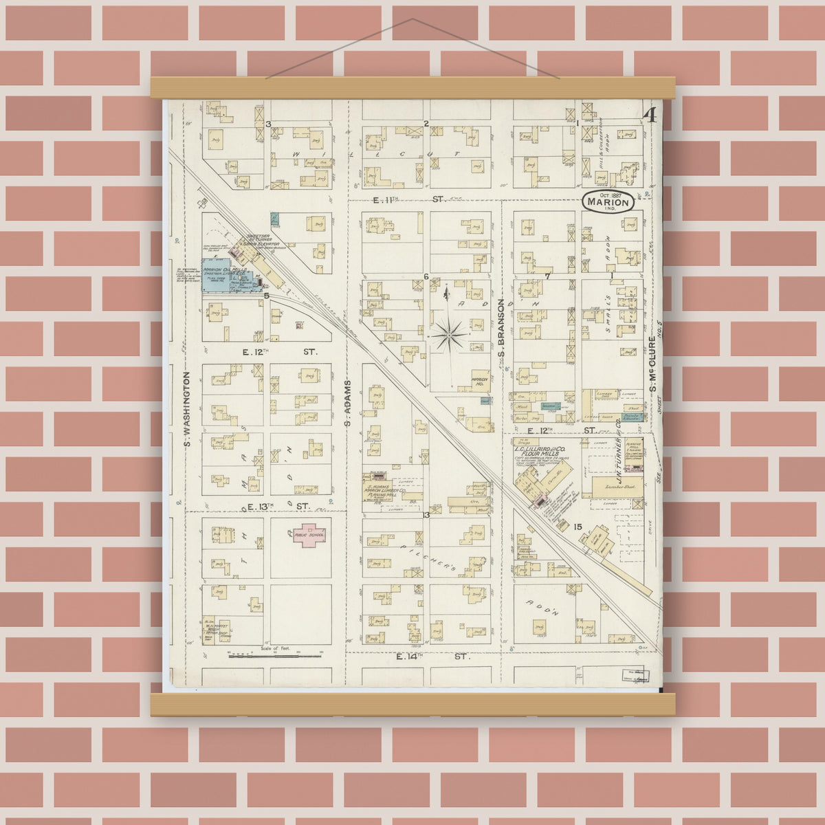 Old map wall art mockup — magnetic wood frame on brick wall — Sanborn Fire Insurance Map from Marion, Grant County, Indiana (1887), Sheet #0004