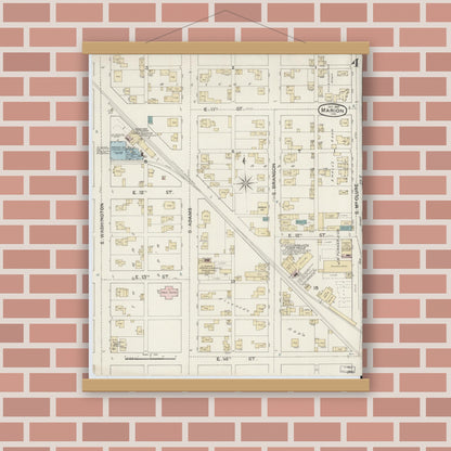 Old map wall art mockup — magnetic wood frame on brick wall — Sanborn Fire Insurance Map from Marion, Grant County, Indiana (1887), Sheet #0004