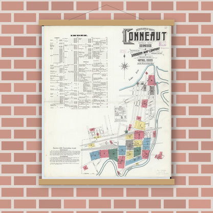 Old map wall art mockup — magnetic wood frame on brick wall — Sanborn Fire Insurance Map from Conneaut, Ashtabula County, Ohio (1909) - Complete Map Set