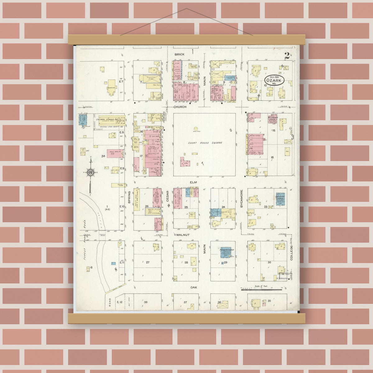 Old map wall art mockup — magnetic wood frame on brick wall — Sanborn Fire Insurance Map from Ozark, Christian County, Missouri (1914), Sheet #0002