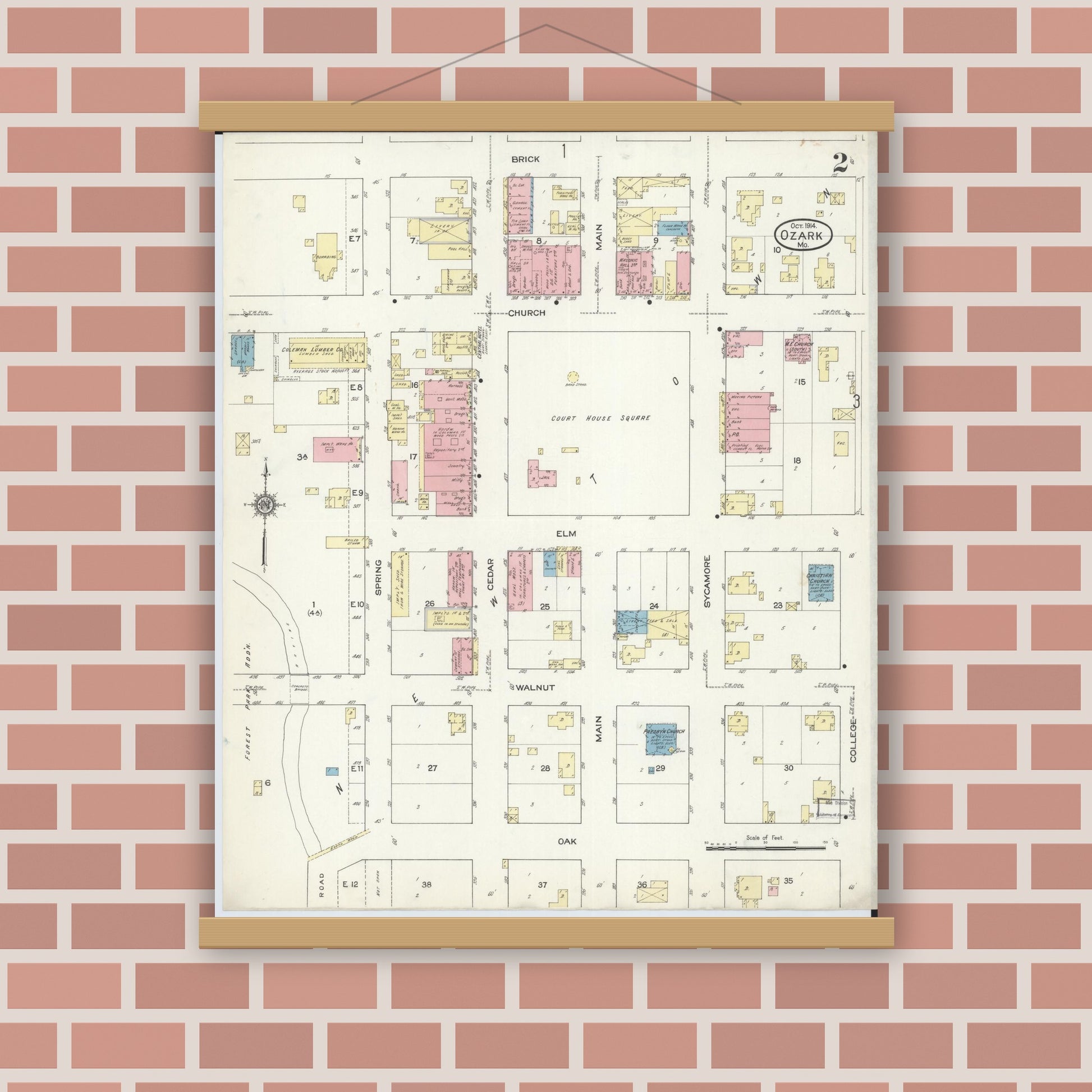 Old map wall art mockup — magnetic wood frame on brick wall — Sanborn Fire Insurance Map from Ozark, Christian County, Missouri (1914), Sheet #0002