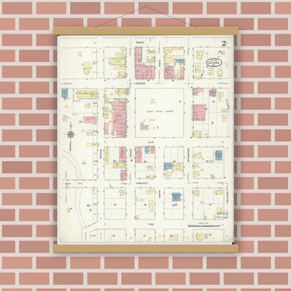 Old map wall art mockup — magnetic wood frame on brick wall — Sanborn Fire Insurance Map from Ozark, Christian County, Missouri (1914), Sheet #0002