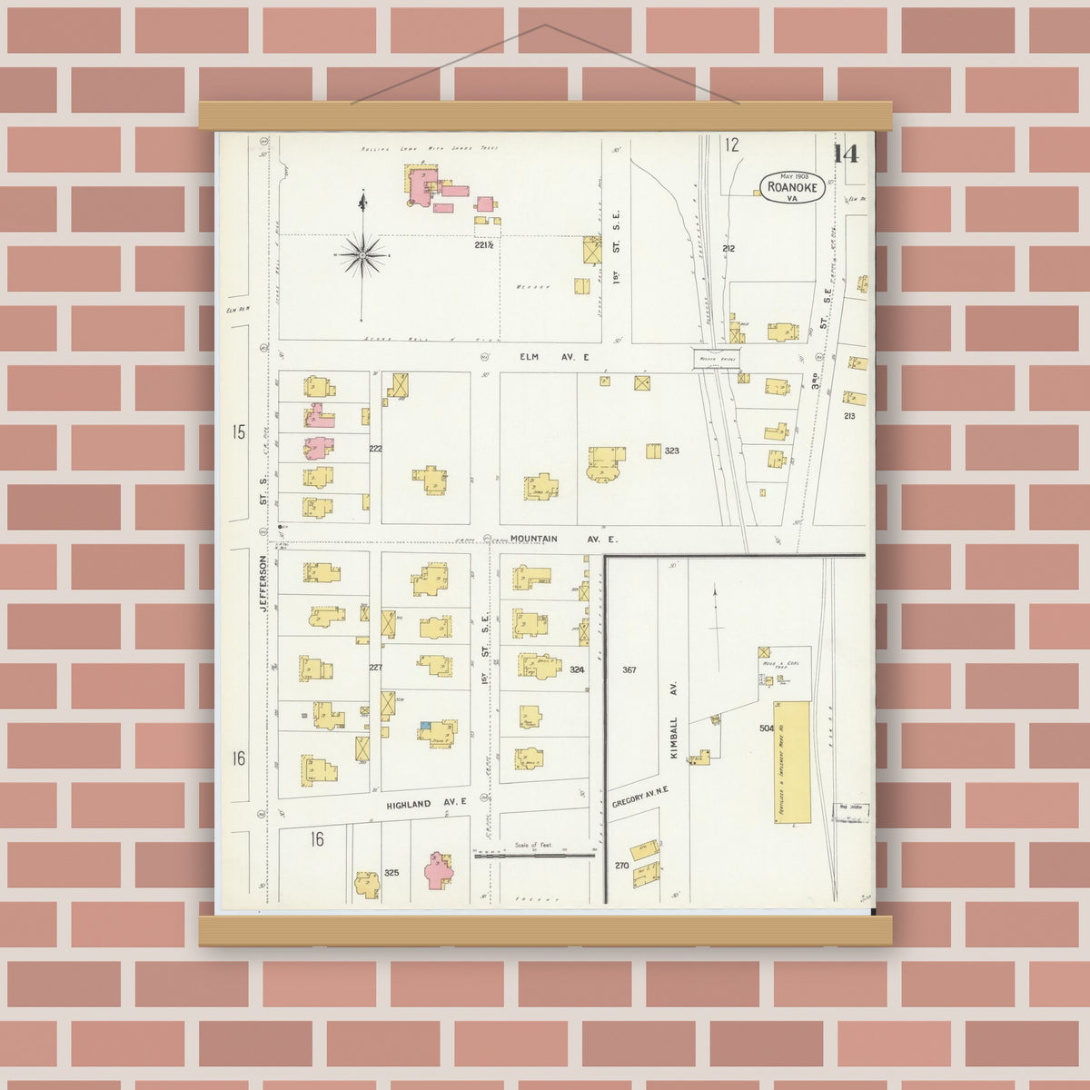 Old map wall art mockup — magnetic wood frame on brick wall — Sanborn Fire Insurance Map from Roanoke, Independent Cities, Virginia (1903), Sheet #0014