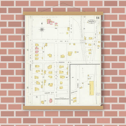 Old map wall art mockup — magnetic wood frame on brick wall — Sanborn Fire Insurance Map from Roanoke, Independent Cities, Virginia (1903), Sheet #0014