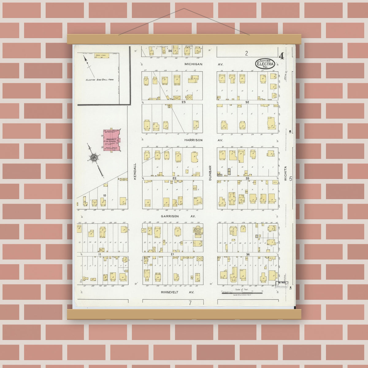 Old map wall art mockup — magnetic wood frame on brick wall — Sanborn Fire Insurance Map from Electra, Wichita County, Texas (1919), Sheet #0004