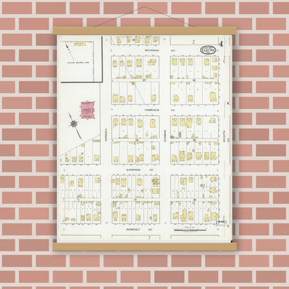 Old map wall art mockup — magnetic wood frame on brick wall — Sanborn Fire Insurance Map from Electra, Wichita County, Texas (1919), Sheet #0004