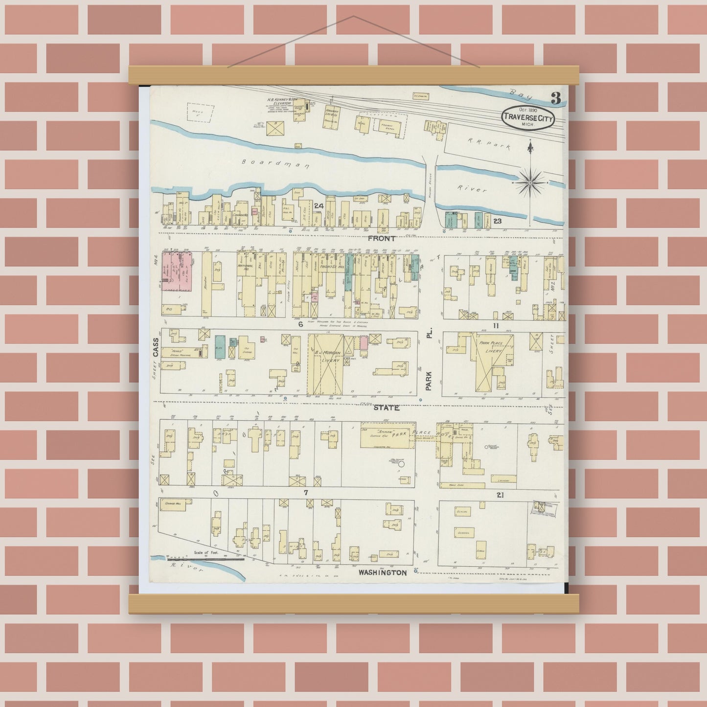 Old map wall art mockup — magnetic wood frame on brick wall — Sanborn Fire Insurance Map from Traverse City, Grand Traverse County, Michigan (1890), Sheet #0003