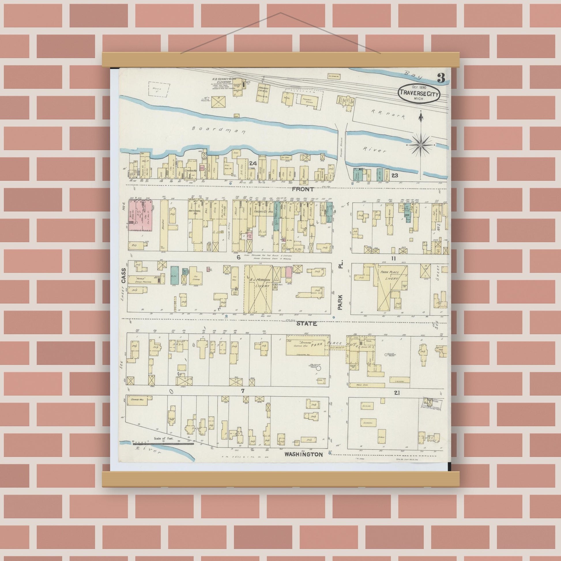Old map wall art mockup — magnetic wood frame on brick wall — Sanborn Fire Insurance Map from Traverse City, Grand Traverse County, Michigan (1890), Sheet #0003