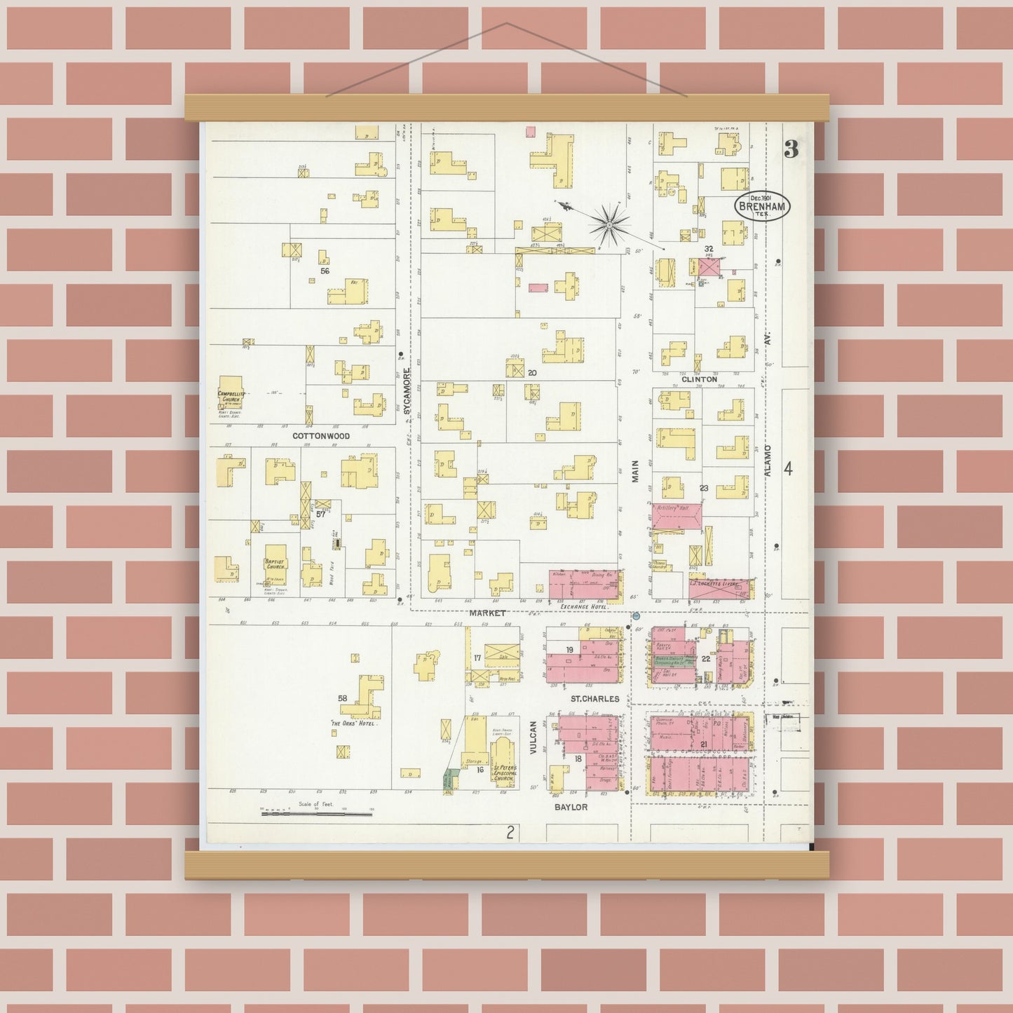Old map wall art mockup — magnetic wood frame on brick wall — Sanborn Fire Insurance Map from Brenham, Washington County, Texas (1901), Sheet #0003