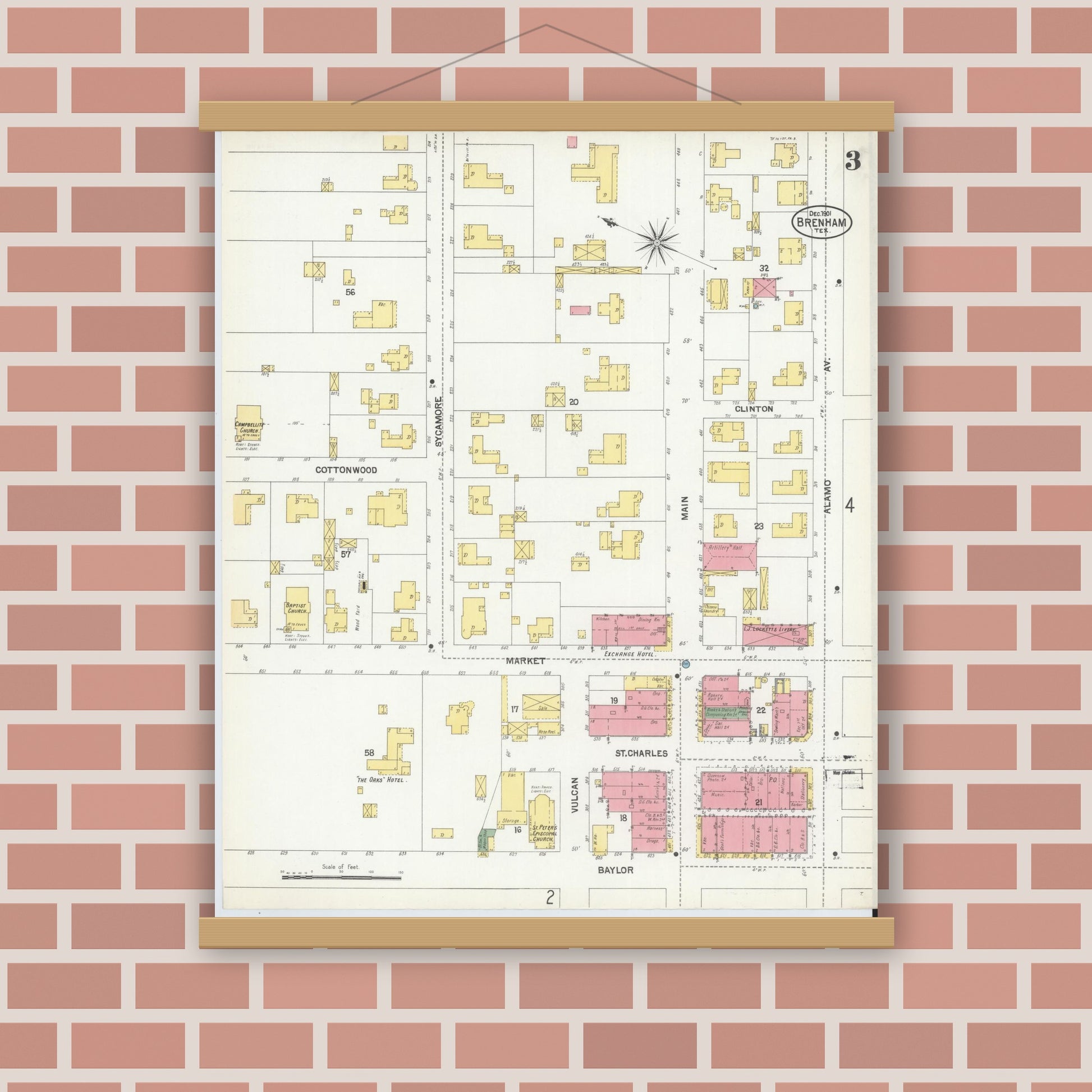 Old map wall art mockup — magnetic wood frame on brick wall — Sanborn Fire Insurance Map from Brenham, Washington County, Texas (1901), Sheet #0003
