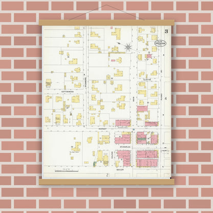 Old map wall art mockup — magnetic wood frame on brick wall — Sanborn Fire Insurance Map from Brenham, Washington County, Texas (1901), Sheet #0003