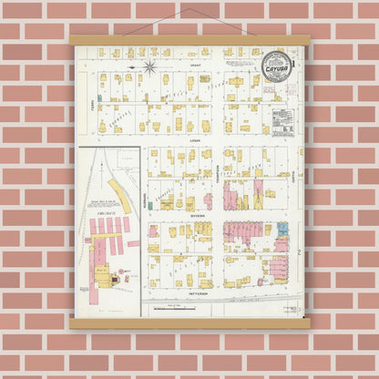 Old map wall art mockup — magnetic wood frame on brick wall — Sanborn Fire Insurance Map from Cayuga, Vermillion County, Indiana (1906) - Complete Map Set