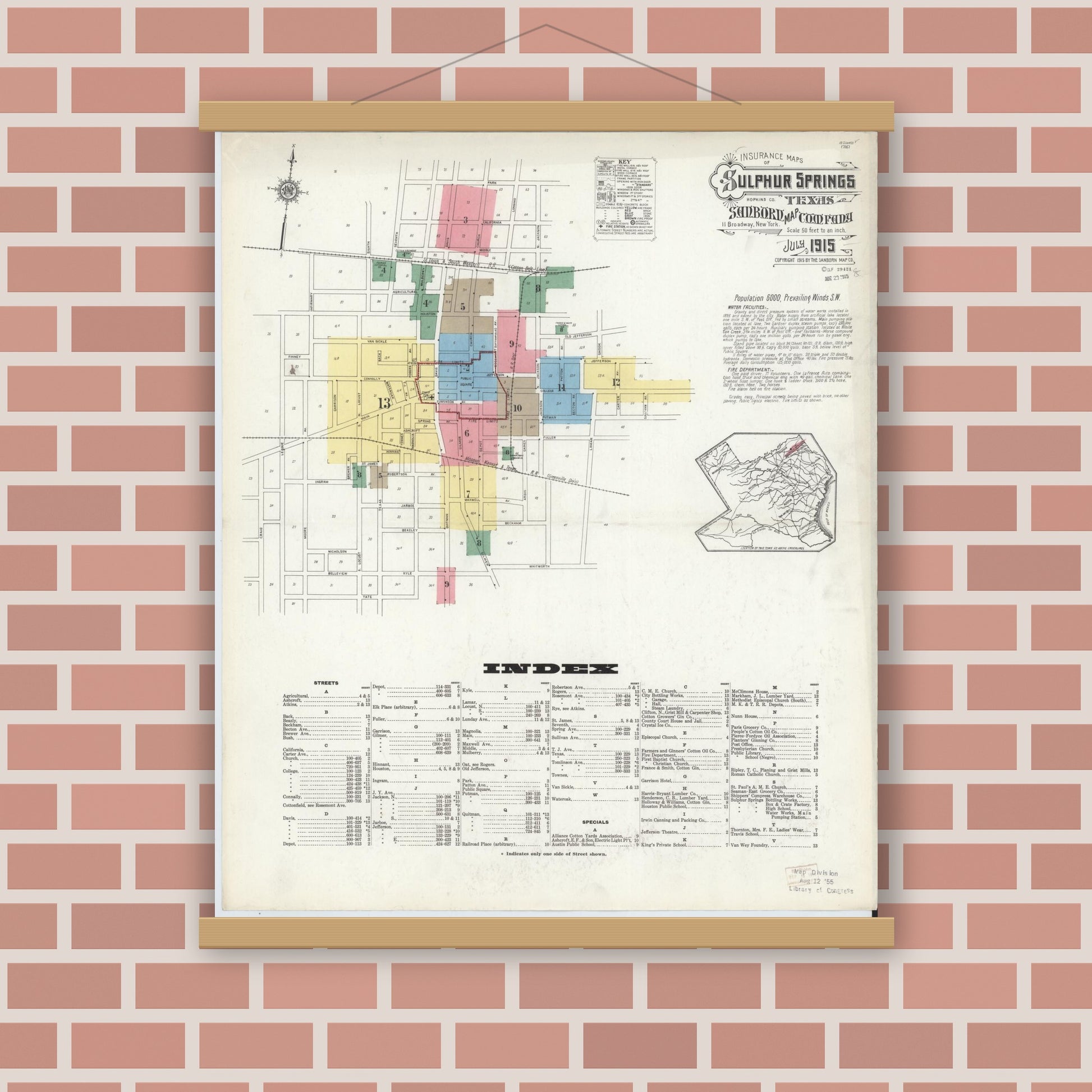 Old map wall art mockup — magnetic wood frame on brick wall — Sanborn Fire Insurance Map from Sulphur Springs, Hopkins County, Texas (1915) - Complete Map Set