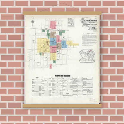 Old map wall art mockup — magnetic wood frame on brick wall — Sanborn Fire Insurance Map from Sulphur Springs, Hopkins County, Texas (1915) - Complete Map Set