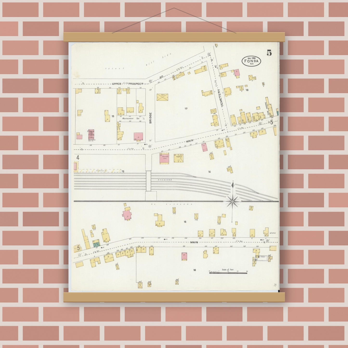 Old map wall art mockup — magnetic wood frame on brick wall — Sanborn Fire Insurance Map from Fonda, Montgomery County, New York (1906), Sheet #0005