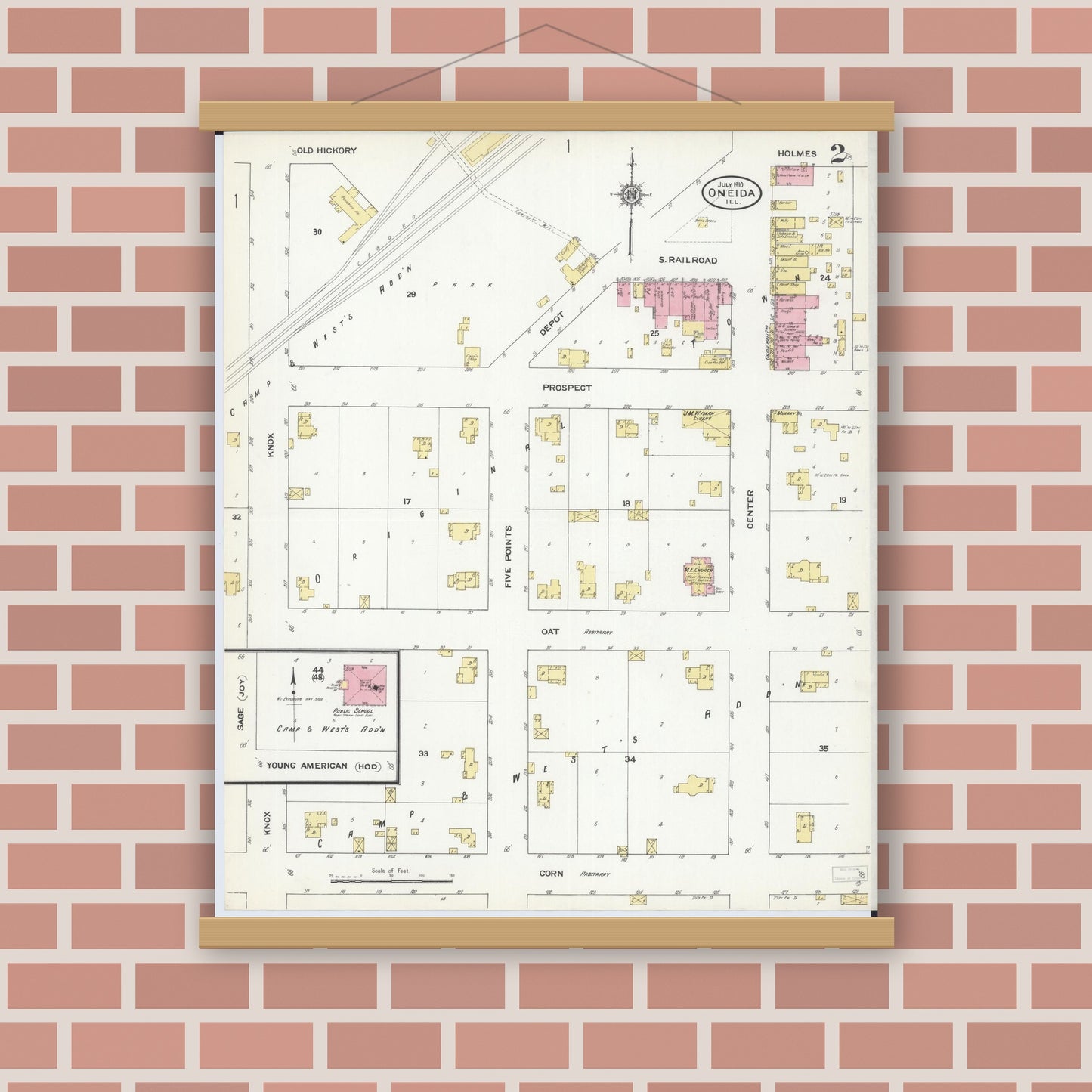 Old map wall art mockup — magnetic wood frame on brick wall — Sanborn Fire Insurance Map from Oneida, Knox County, Illinois (1910), Sheet #0002