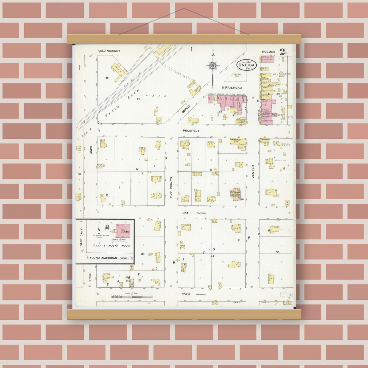 Old map wall art mockup — magnetic wood frame on brick wall — Sanborn Fire Insurance Map from Oneida, Knox County, Illinois (1910), Sheet #0002