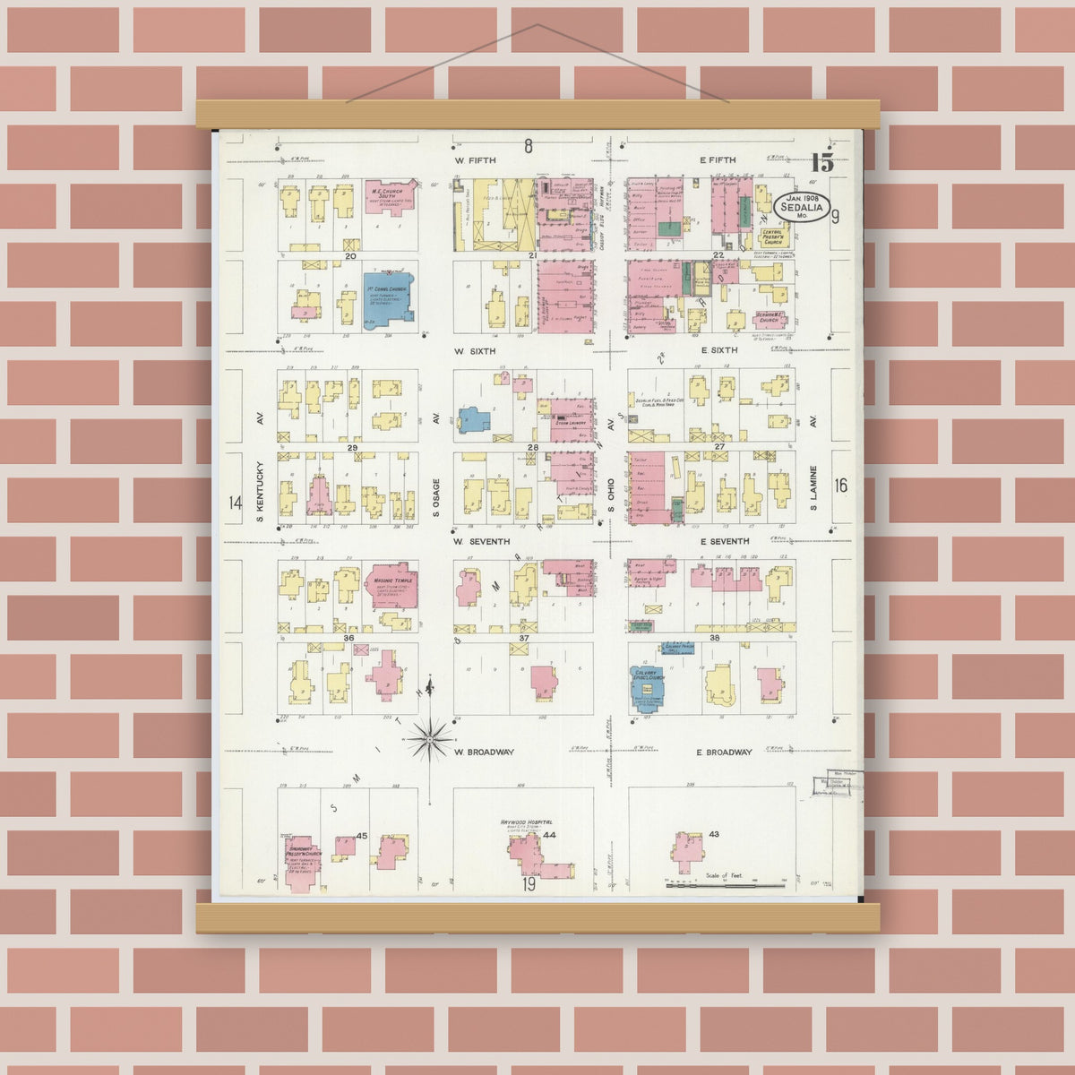 Old map wall art mockup — magnetic wood frame on brick wall — Sanborn Fire Insurance Map from Sedalia, Pettis County, Missouri (1908), Sheet #0015