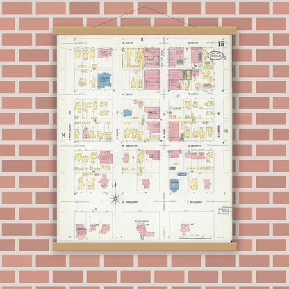 Old map wall art mockup — magnetic wood frame on brick wall — Sanborn Fire Insurance Map from Sedalia, Pettis County, Missouri (1908), Sheet #0015