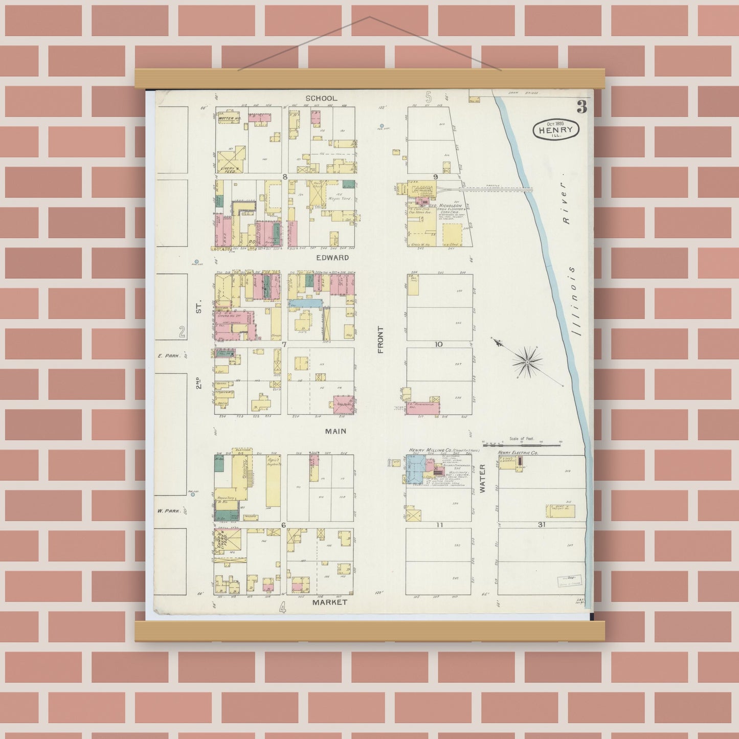 Old map wall art mockup — magnetic wood frame on brick wall — Sanborn Fire Insurance Map from Henry, Marshall County, Illinois (1893), Sheet #0003