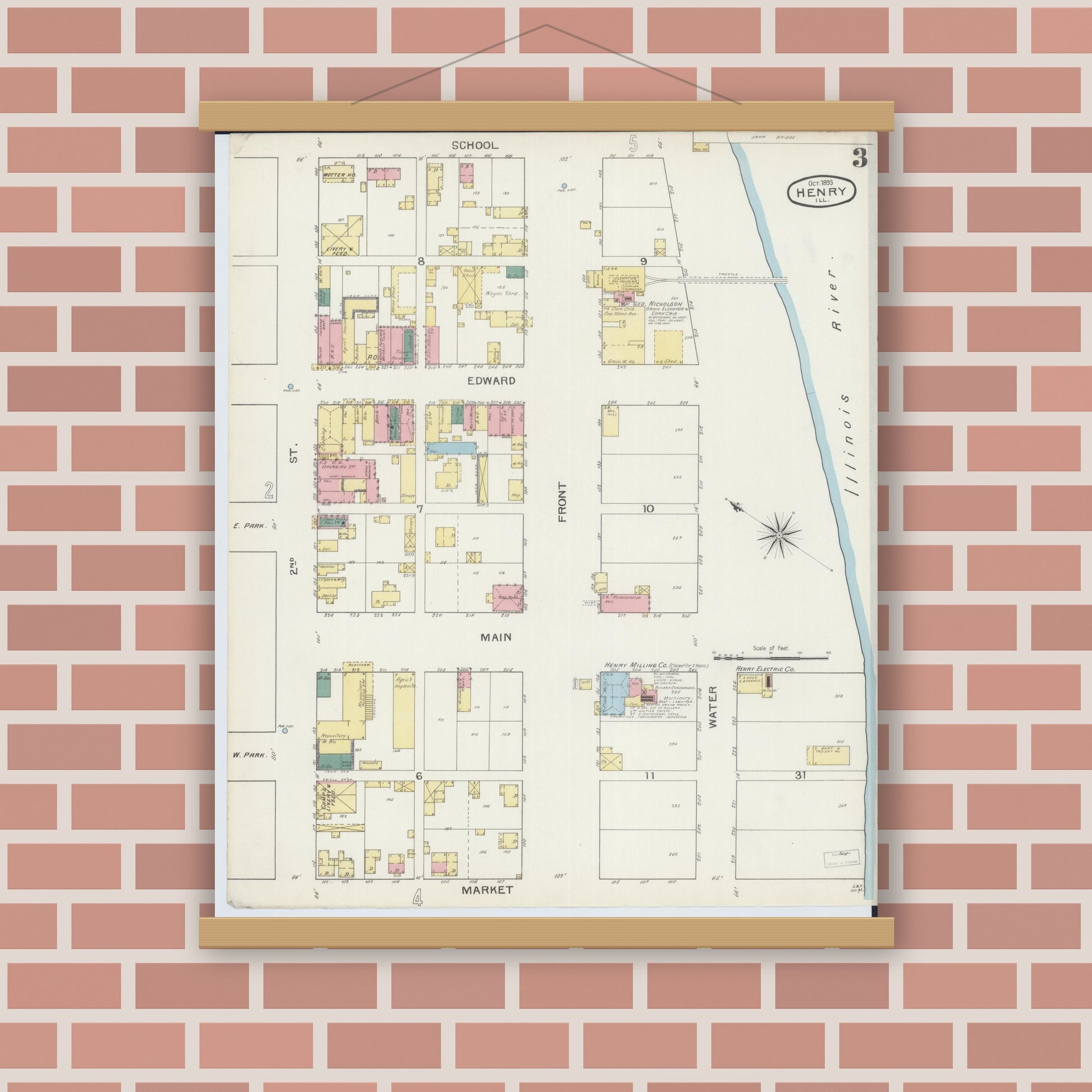 Old map wall art mockup — magnetic wood frame on brick wall — Sanborn Fire Insurance Map from Henry, Marshall County, Illinois (1893), Sheet #0003