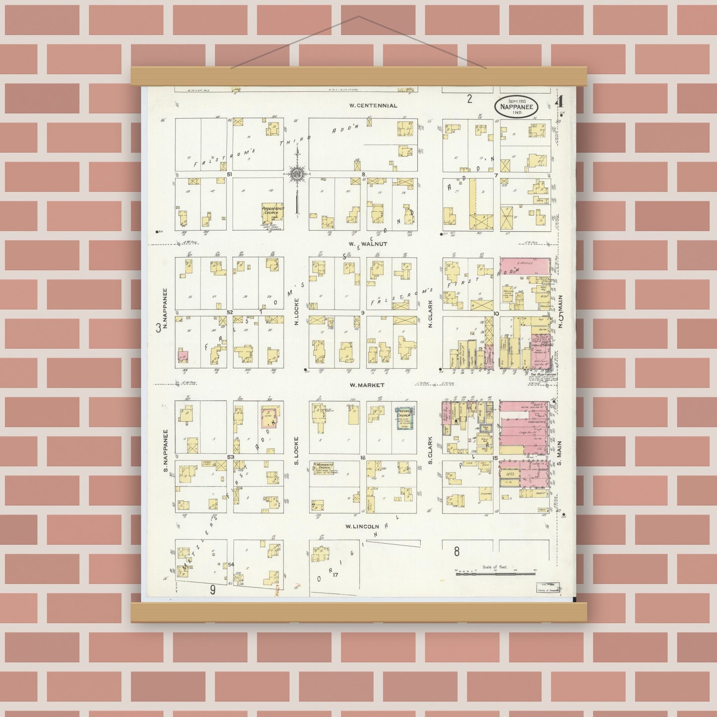 Old map wall art mockup — magnetic wood frame on brick wall — Sanborn Fire Insurance Map from Nappanee, Elkhart County, Indiana (1910), Sheet #0004