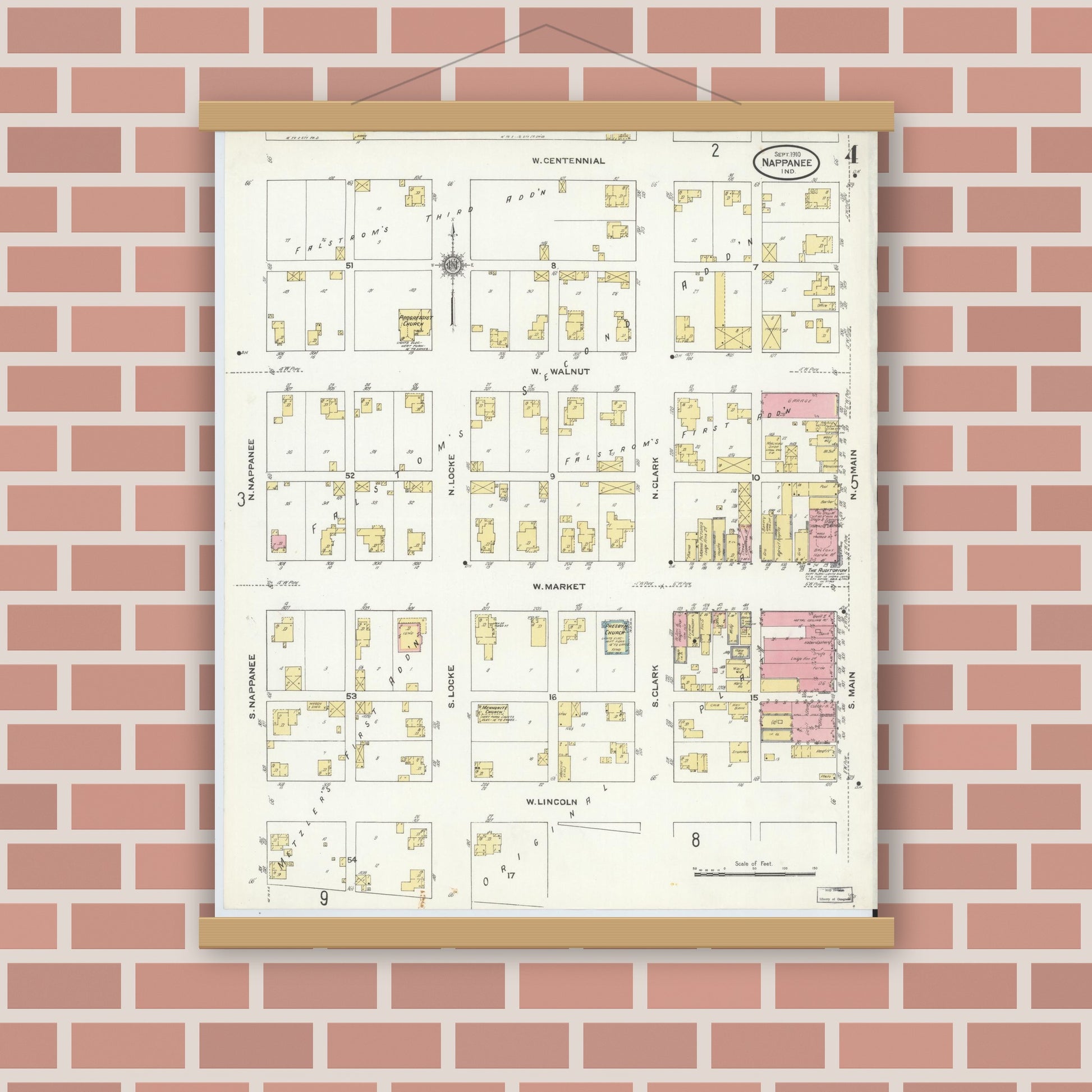 Old map wall art mockup — magnetic wood frame on brick wall — Sanborn Fire Insurance Map from Nappanee, Elkhart County, Indiana (1910), Sheet #0004