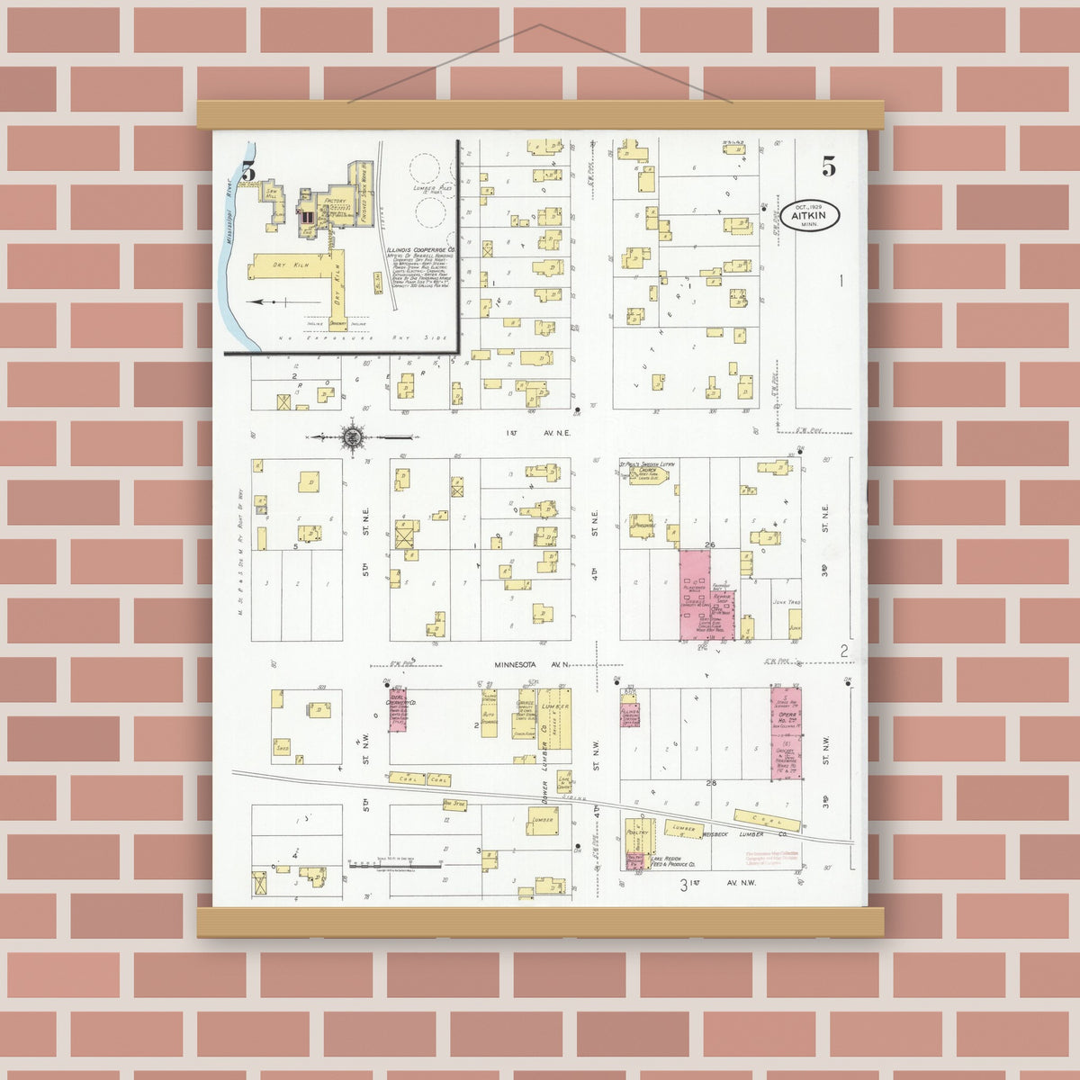 Old map wall art mockup — magnetic wood frame on brick wall — Sanborn Fire Insurance Map from Aitkin, Aitkin County, Minnesota (1929), Sheet #0005
