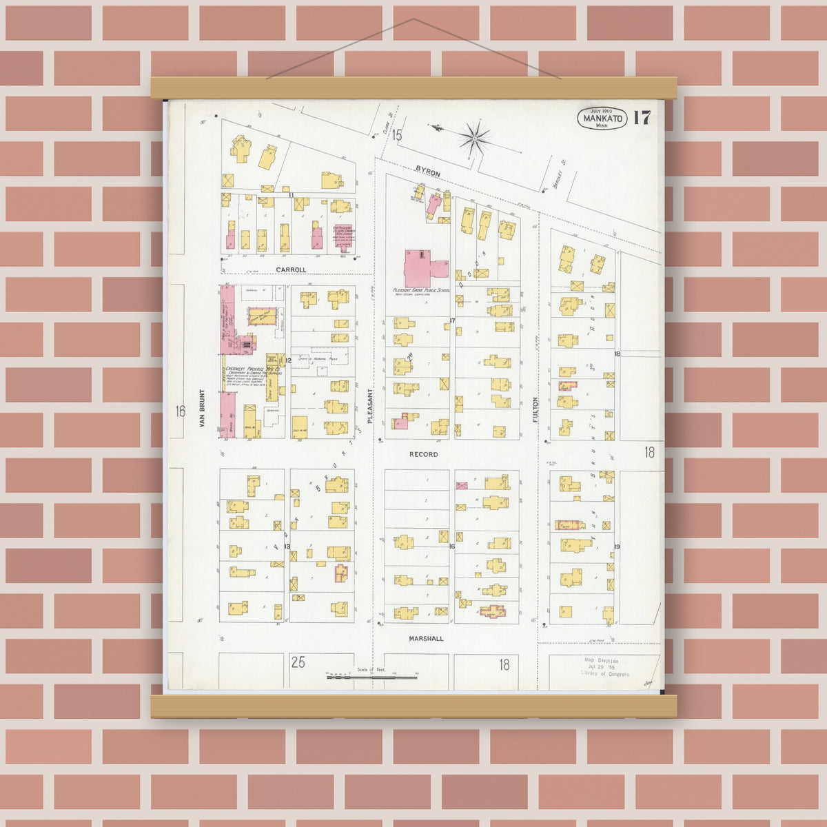 Old map wall art mockup — magnetic wood frame on brick wall — Sanborn Fire Insurance Map from Mankato, Blue Earth County, Minnesota (1900), Sheet #0017