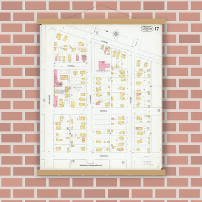 Old map wall art mockup — magnetic wood frame on brick wall — Sanborn Fire Insurance Map from Mankato, Blue Earth County, Minnesota (1900), Sheet #0017