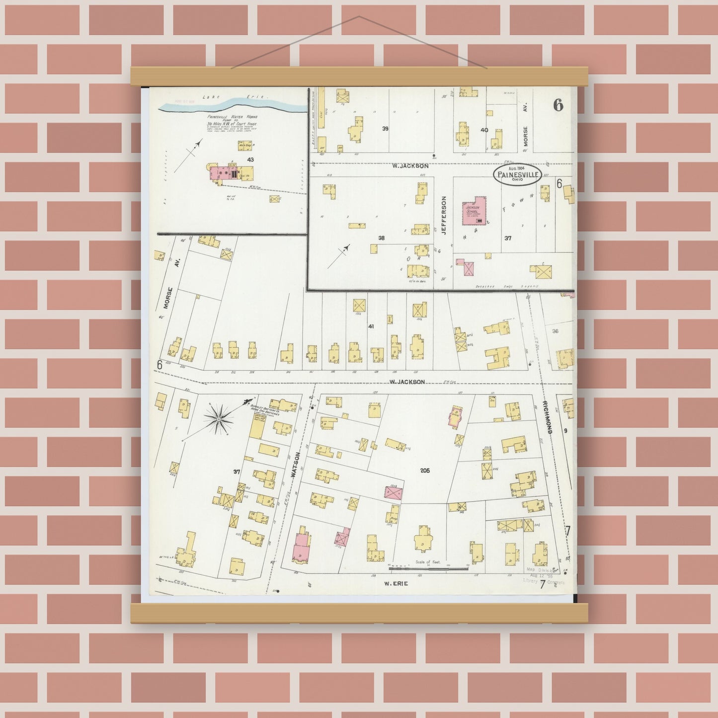 Old map wall art mockup — magnetic wood frame on brick wall — Sanborn Fire Insurance Map from Painesville, Lake County, Ohio (1904), Sheet #0006