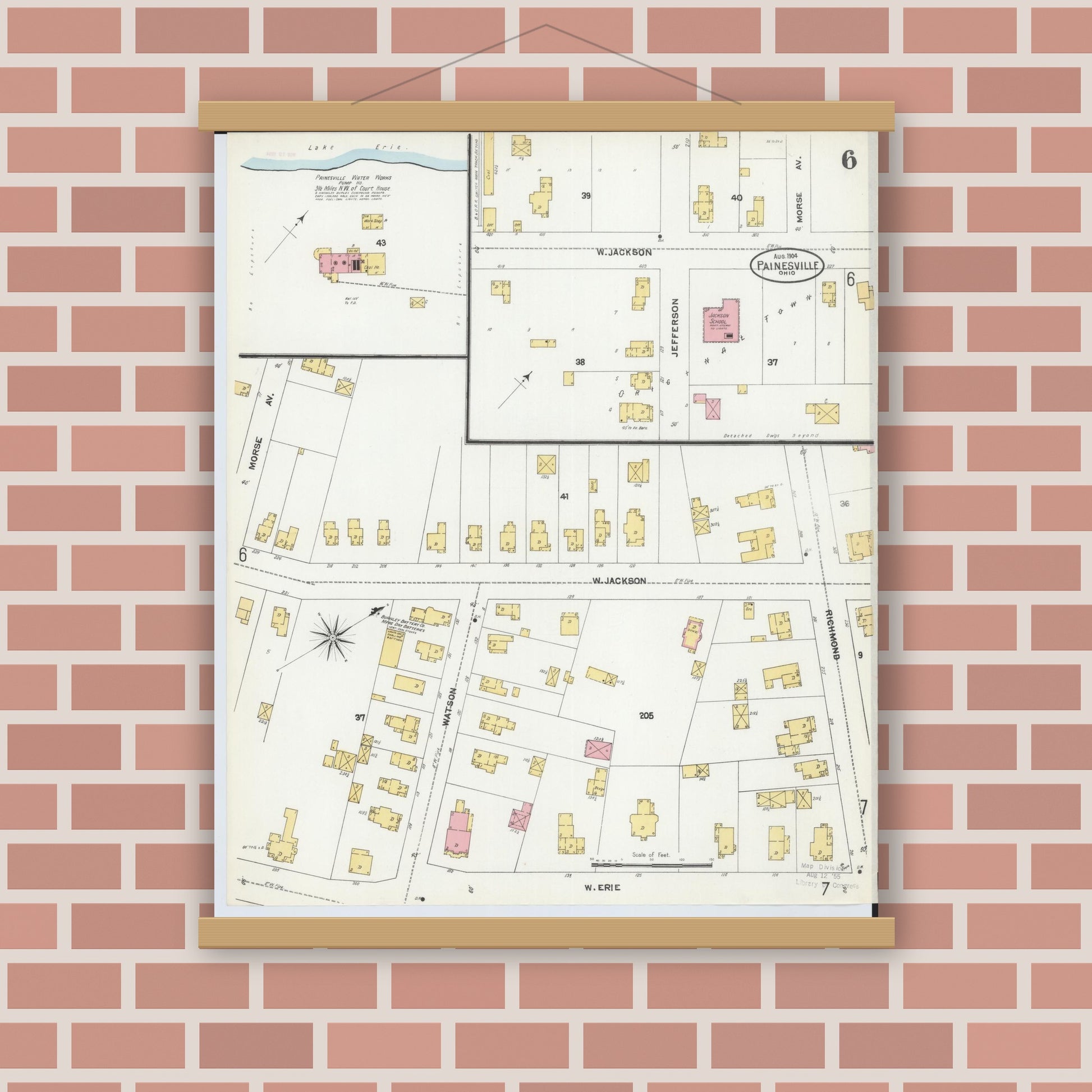 Old map wall art mockup — magnetic wood frame on brick wall — Sanborn Fire Insurance Map from Painesville, Lake County, Ohio (1904), Sheet #0006