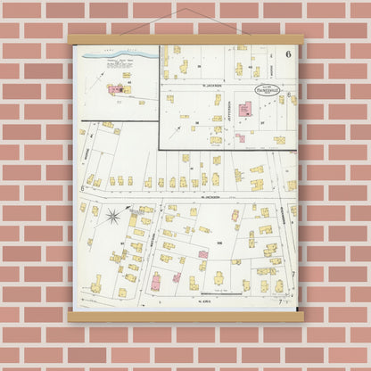 Old map wall art mockup — magnetic wood frame on brick wall — Sanborn Fire Insurance Map from Painesville, Lake County, Ohio (1904), Sheet #0006