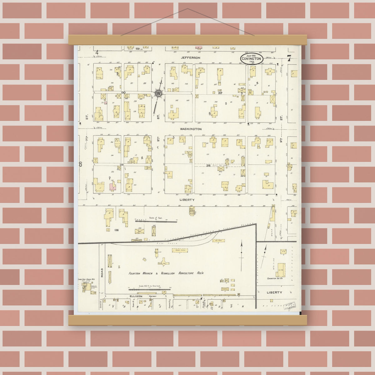 Old map wall art mockup — magnetic wood frame on brick wall — Sanborn Fire Insurance Map from Covington, Fountain County, Indiana (1910), Sheet #0007