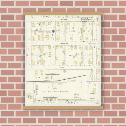 Old map wall art mockup — magnetic wood frame on brick wall — Sanborn Fire Insurance Map from Covington, Fountain County, Indiana (1910), Sheet #0007