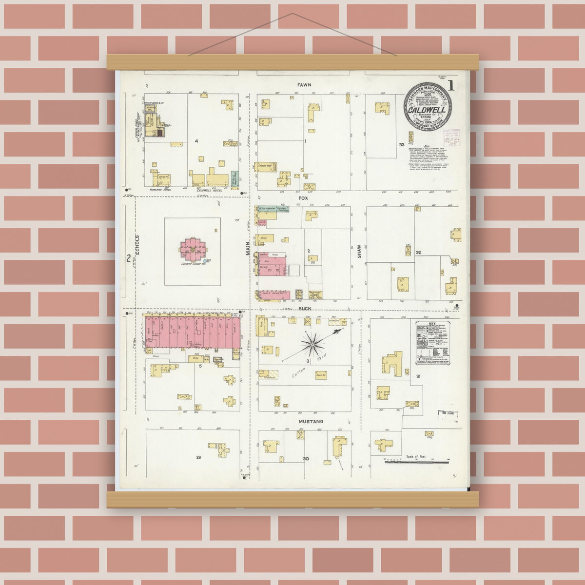 Old map wall art mockup — magnetic wood frame on brick wall — Sanborn Fire Insurance Map from Caldwell, Burleson County, Texas (1906) - Complete Map Set