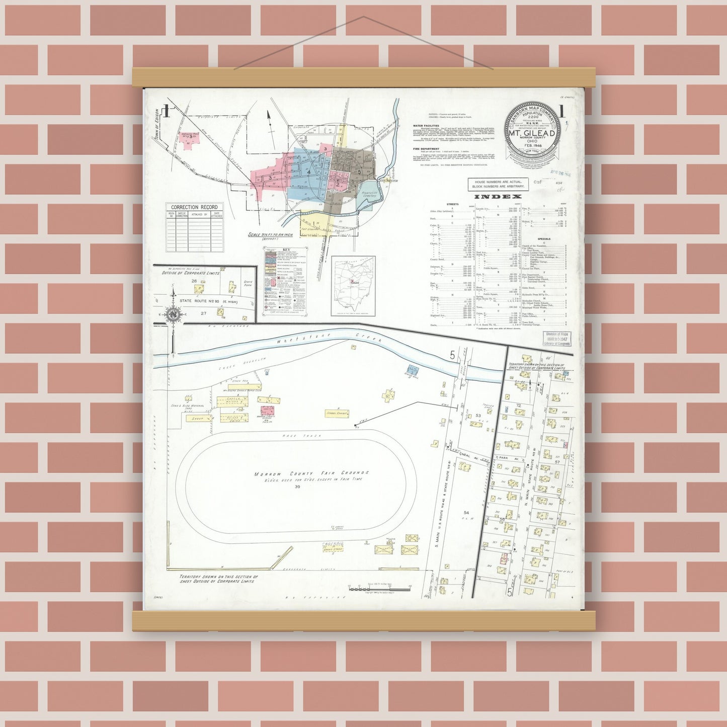 Old map wall art mockup — magnetic wood frame on brick wall — Sanborn Fire Insurance Map from Mount Gilead, Morrow County, Ohio (1946), Sheet #0001