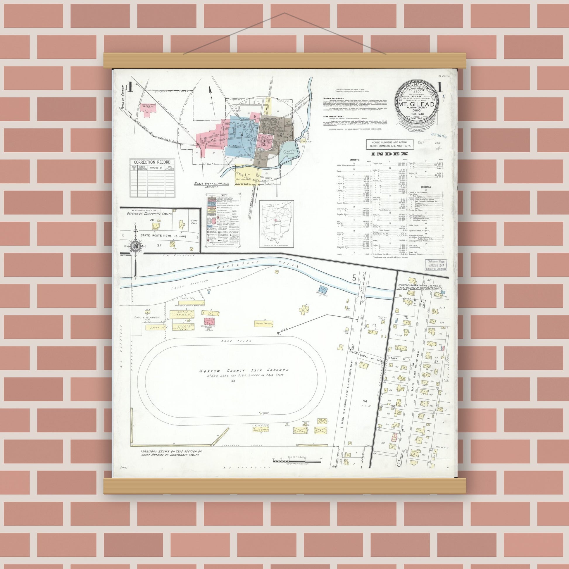 Old map wall art mockup — magnetic wood frame on brick wall — Sanborn Fire Insurance Map from Mount Gilead, Morrow County, Ohio (1946), Sheet #0001