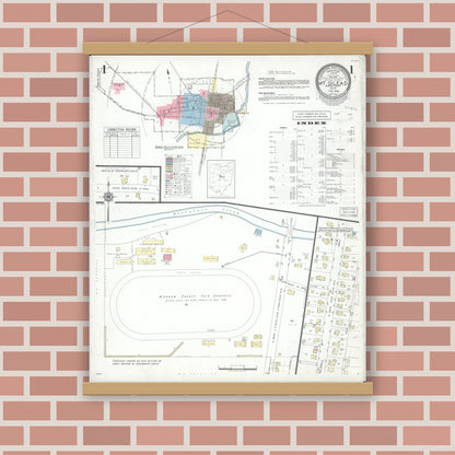 Old map wall art mockup — magnetic wood frame on brick wall — Sanborn Fire Insurance Map from Mount Gilead, Morrow County, Ohio (1946), Sheet #0001