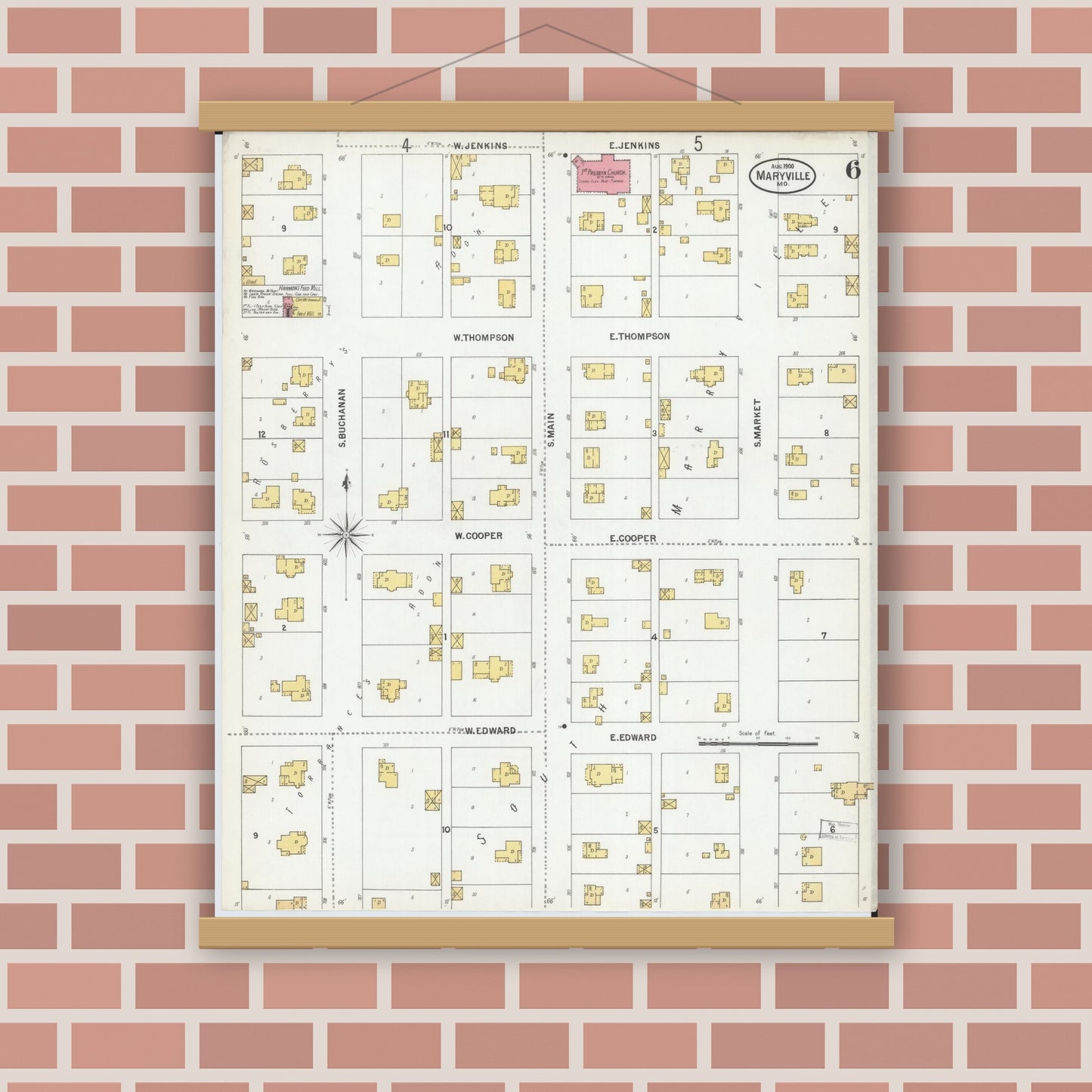 Old map wall art mockup — magnetic wood frame on brick wall — Sanborn Fire Insurance Map from Maryville, Nodaway County, Missouri (1900), Sheet #0006