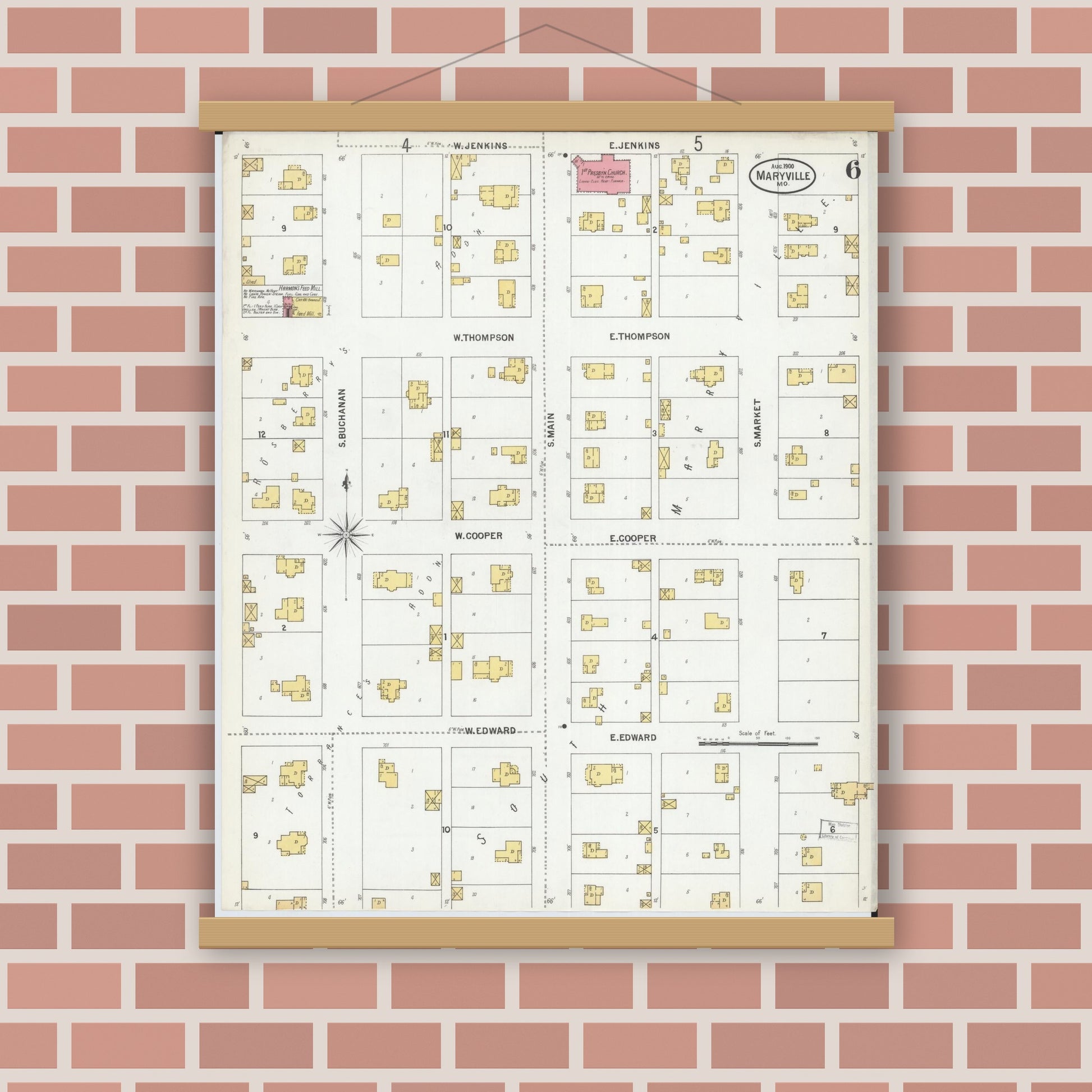 Old map wall art mockup — magnetic wood frame on brick wall — Sanborn Fire Insurance Map from Maryville, Nodaway County, Missouri (1900), Sheet #0006